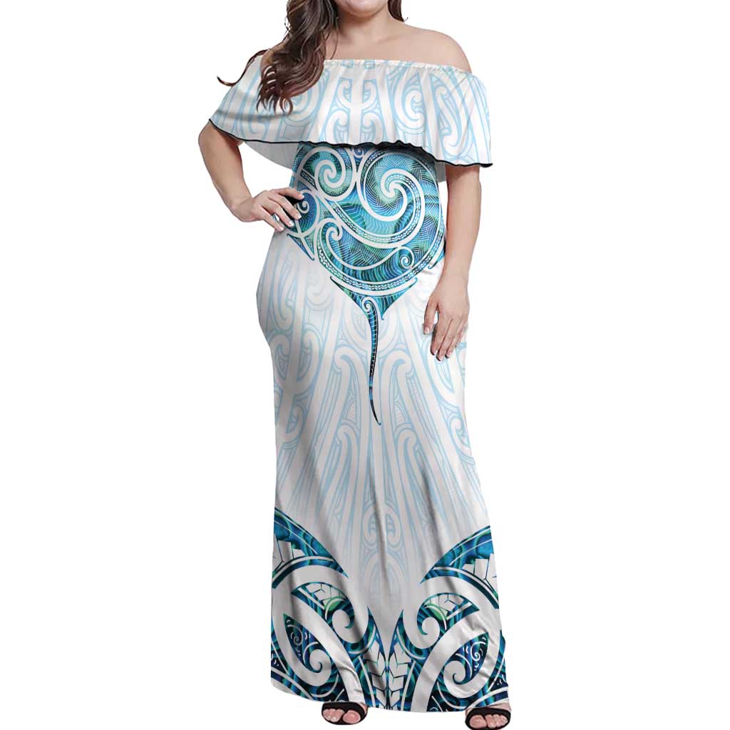 New Zealand Manta Ray Tattoo Off Shoulder Maxi Dress Aotearoa Maori Haehae Paua Shell - Aussie Hoodie
