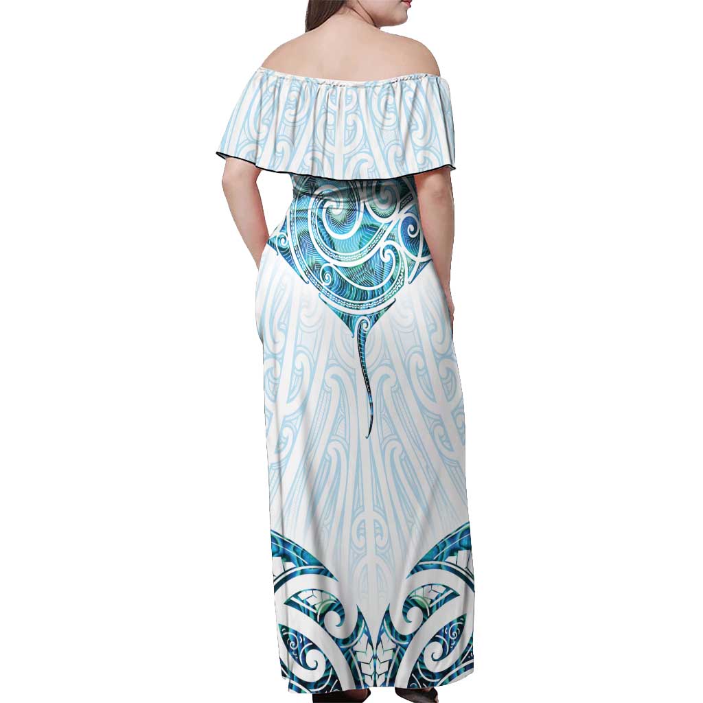 New Zealand Manta Ray Tattoo Off Shoulder Maxi Dress Aotearoa Maori Haehae Paua Shell - Aussie Hoodie