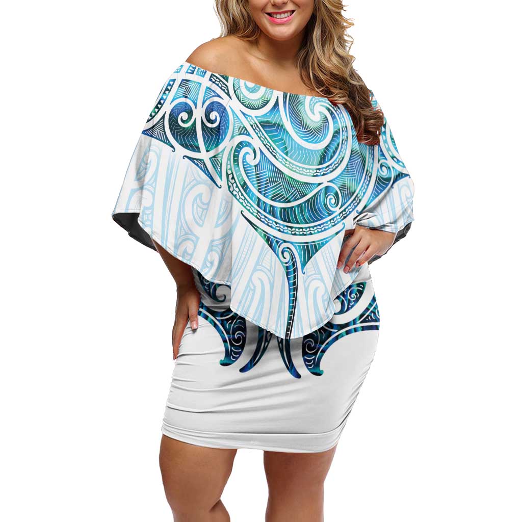 New Zealand Manta Ray Tattoo Off Shoulder Short Dress Aotearoa Maori Haehae Paua Shell - Aussie Hoodie