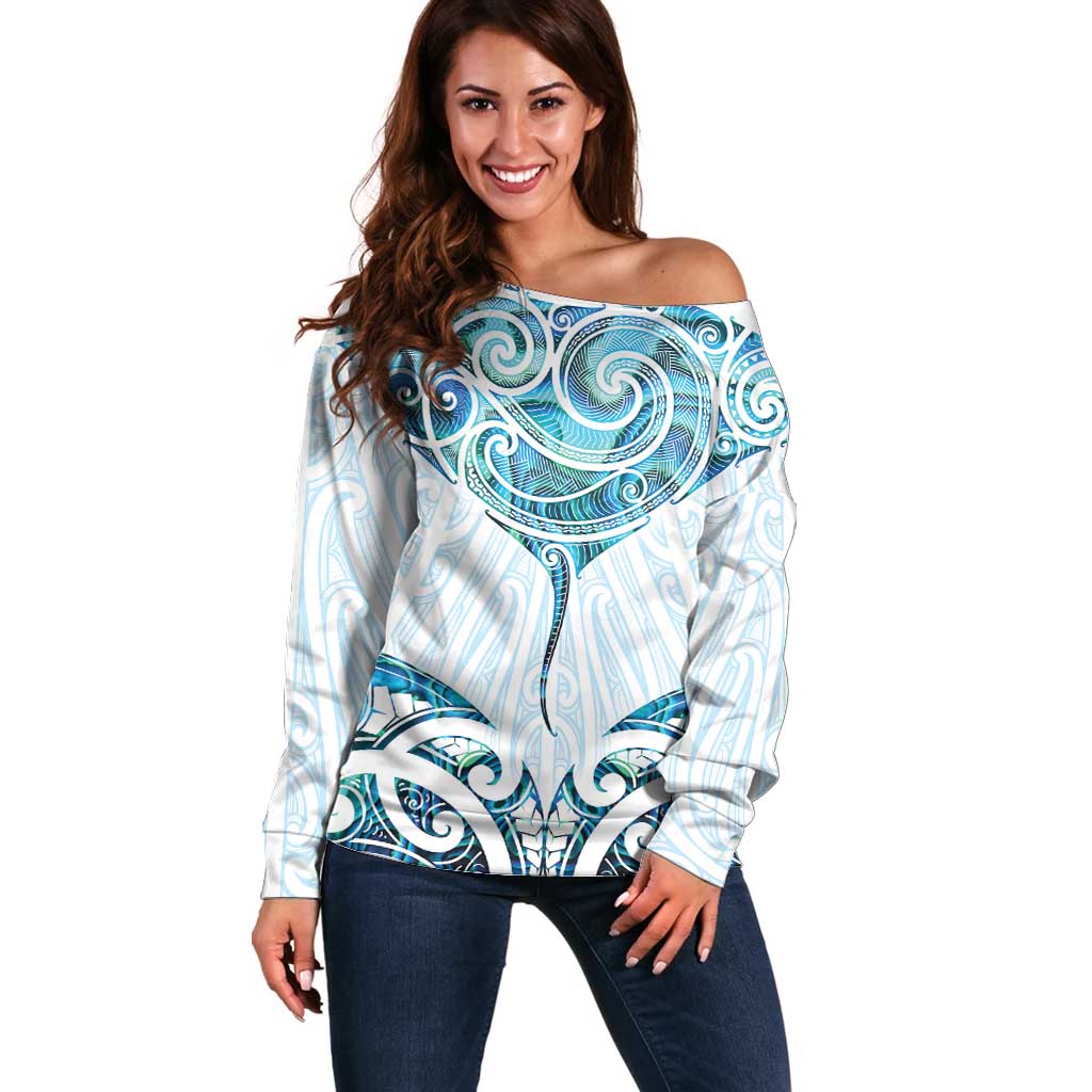 New Zealand Manta Ray Tattoo Off Shoulder Sweater Aotearoa Maori Haehae Paua Shell - Aussie Hoodie