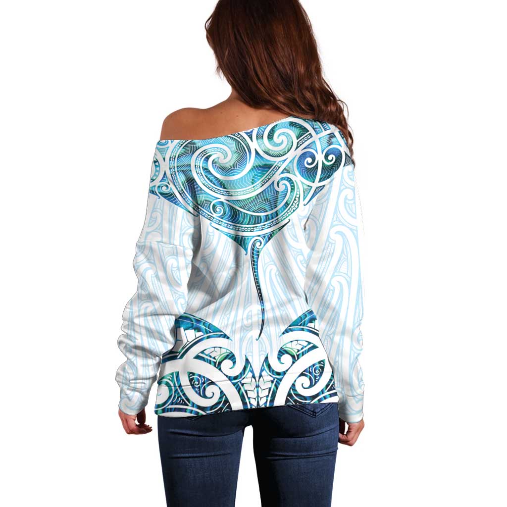 New Zealand Manta Ray Tattoo Off Shoulder Sweater Aotearoa Maori Haehae Paua Shell - Aussie Hoodie