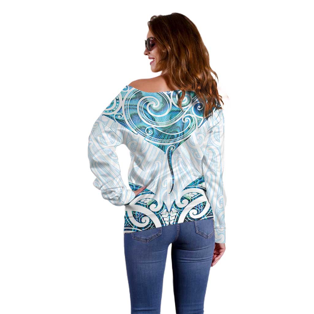 New Zealand Manta Ray Tattoo Off Shoulder Sweater Aotearoa Maori Haehae Paua Shell - Aussie Hoodie