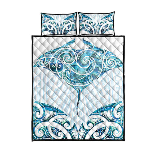 New Zealand Manta Ray Tattoo Quilt Bed Set Aotearoa Maori Haehae Paua Shell - Aussie Hoodie