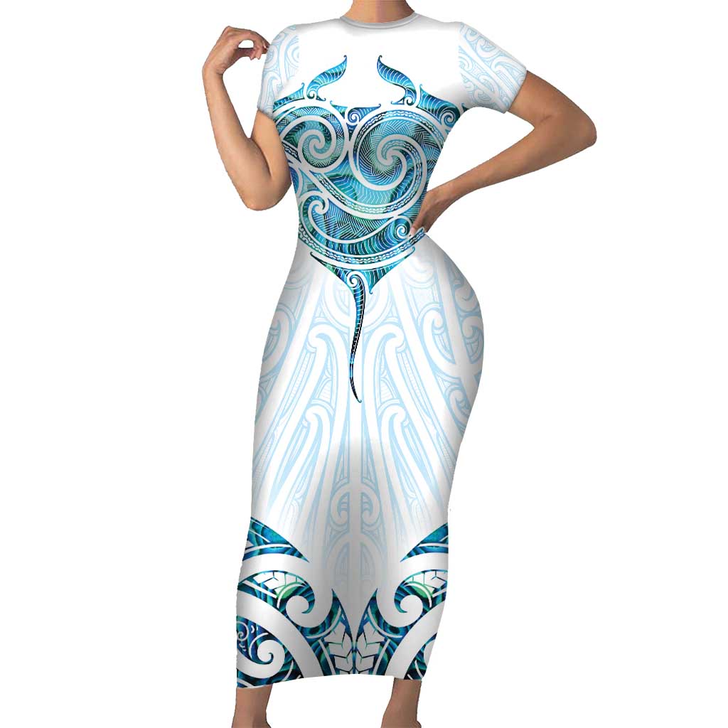 New Zealand Manta Ray Tattoo Short Sleeve Bodycon Dress Aotearoa Maori Haehae Paua Shell - Aussie Hoodie