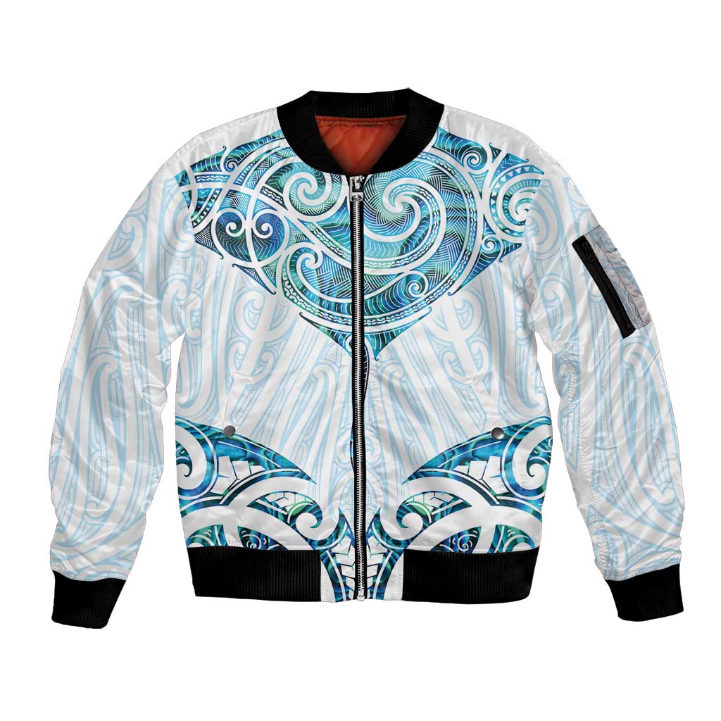 New Zealand Manta Ray Tattoo Sleeve Zip Bomber Jacket Aotearoa Maori Haehae Paua Shell - Aussie Hoodie