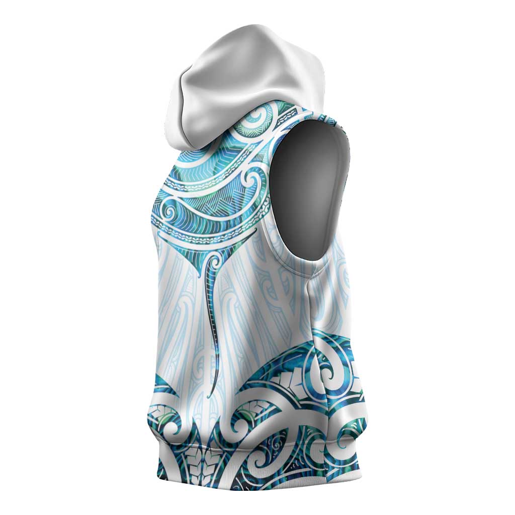 New Zealand Manta Ray Tattoo Sleeveless Hoodie Aotearoa Maori Haehae Paua Shell - Aussie Hoodie