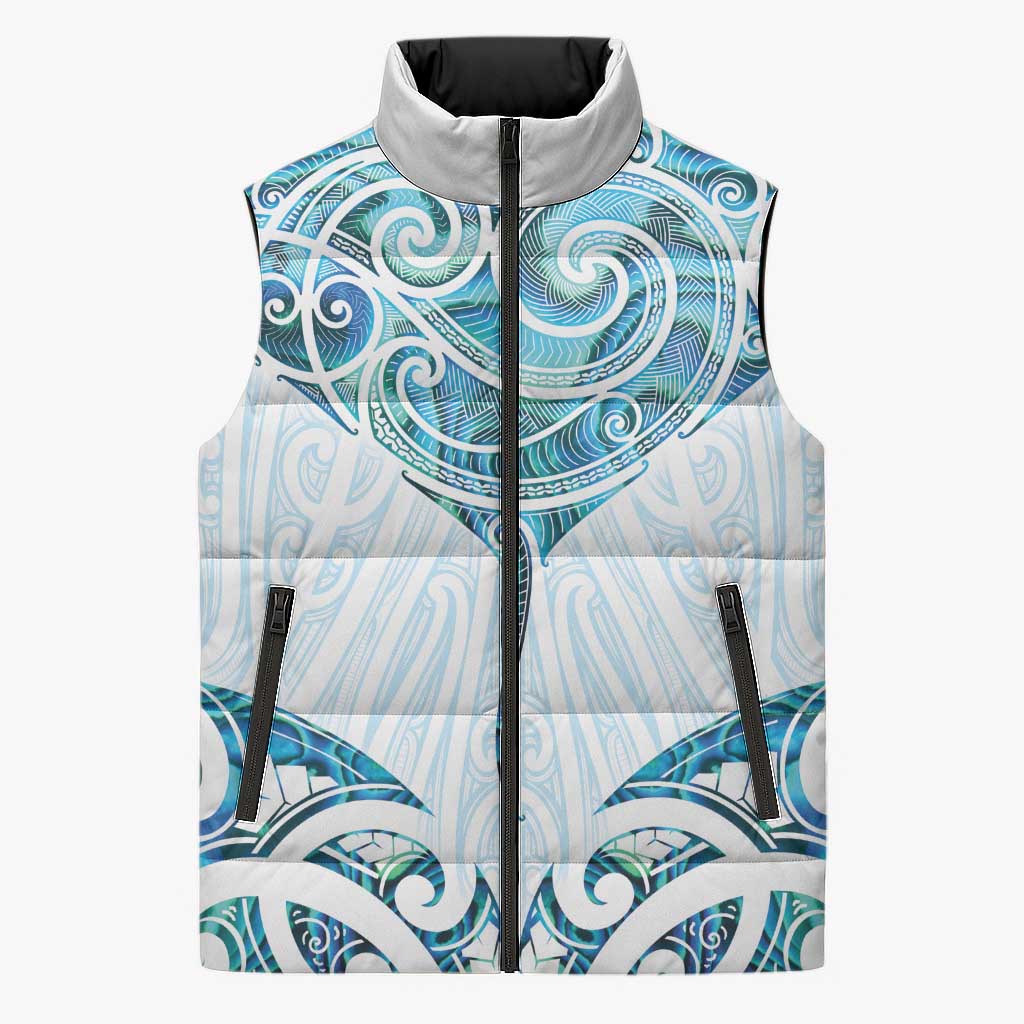 New Zealand Manta Ray Tattoo Sleeveless Puffer Jacket Aotearoa Maori Haehae Paua Shell - Aussie Hoodie