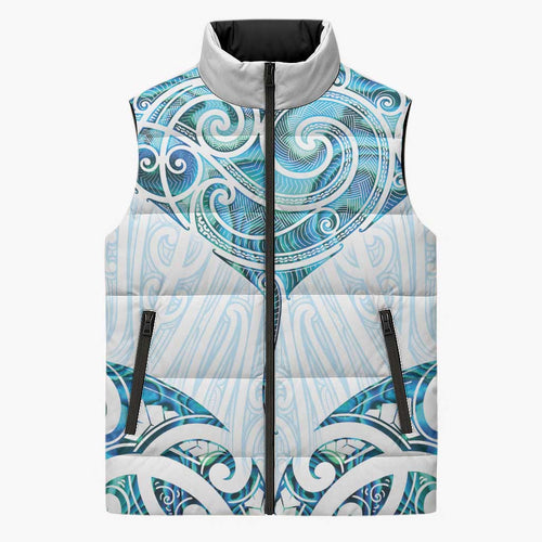New Zealand Manta Ray Tattoo Sleeveless Puffer Jacket Aotearoa Maori Haehae Paua Shell - Aussie Hoodie