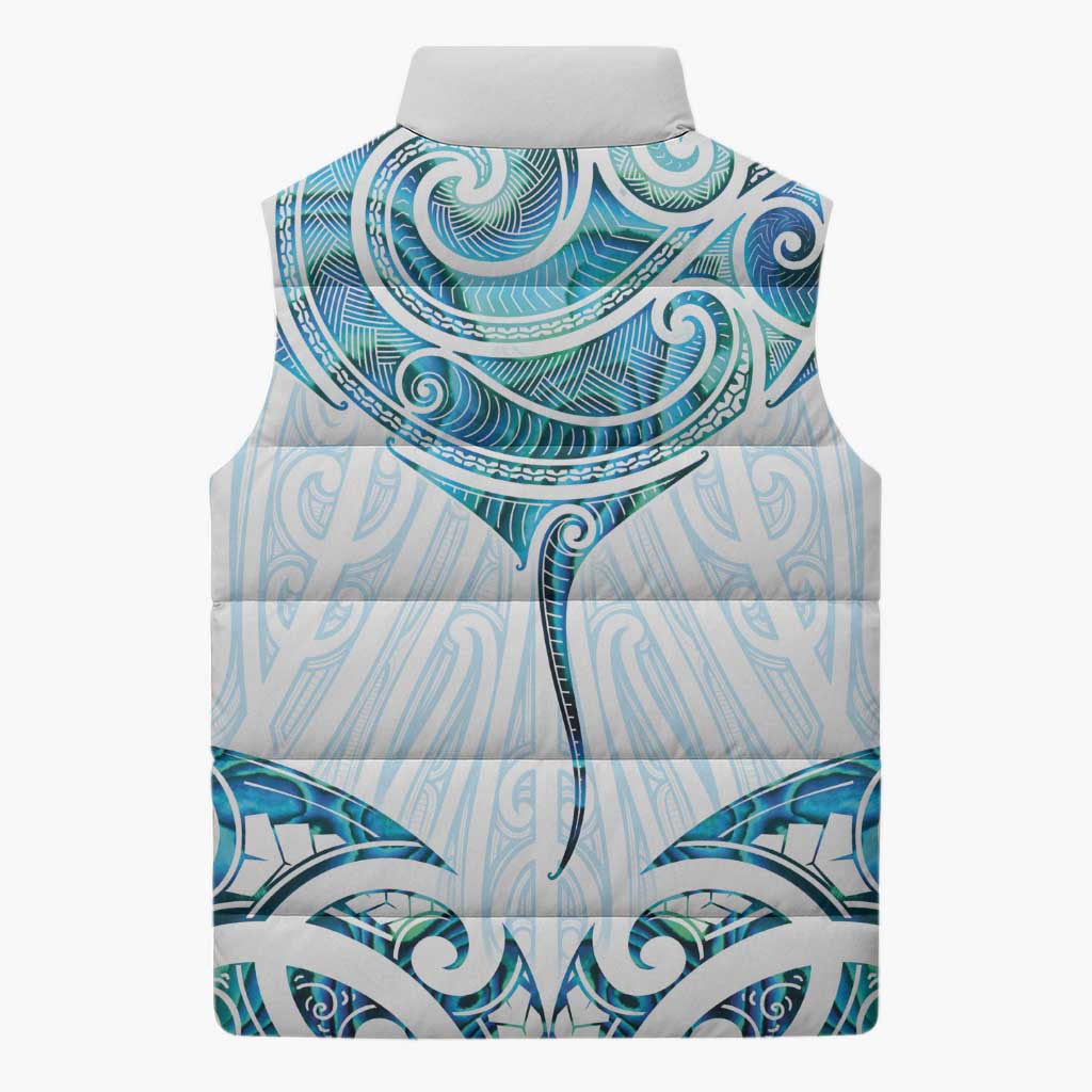 New Zealand Manta Ray Tattoo Sleeveless Puffer Jacket Aotearoa Maori Haehae Paua Shell - Aussie Hoodie