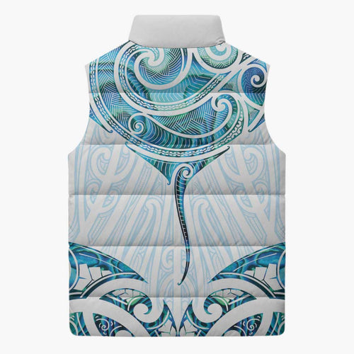 New Zealand Manta Ray Tattoo Sleeveless Puffer Jacket Aotearoa Maori Haehae Paua Shell - Aussie Hoodie