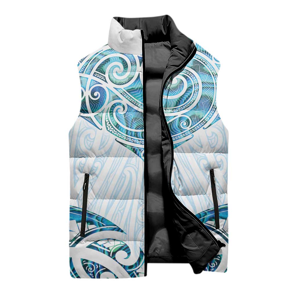 New Zealand Manta Ray Tattoo Sleeveless Puffer Jacket Aotearoa Maori Haehae Paua Shell - Aussie Hoodie