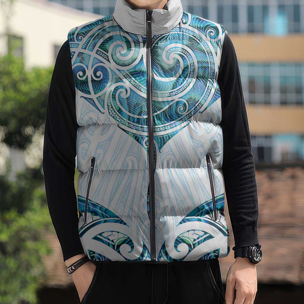New Zealand Manta Ray Tattoo Sleeveless Puffer Jacket Aotearoa Maori Haehae Paua Shell - Aussie Hoodie