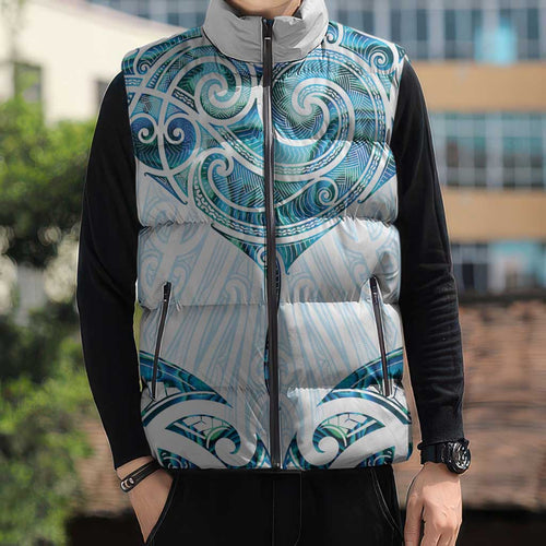 New Zealand Manta Ray Tattoo Sleeveless Puffer Jacket Aotearoa Maori Haehae Paua Shell - Aussie Hoodie