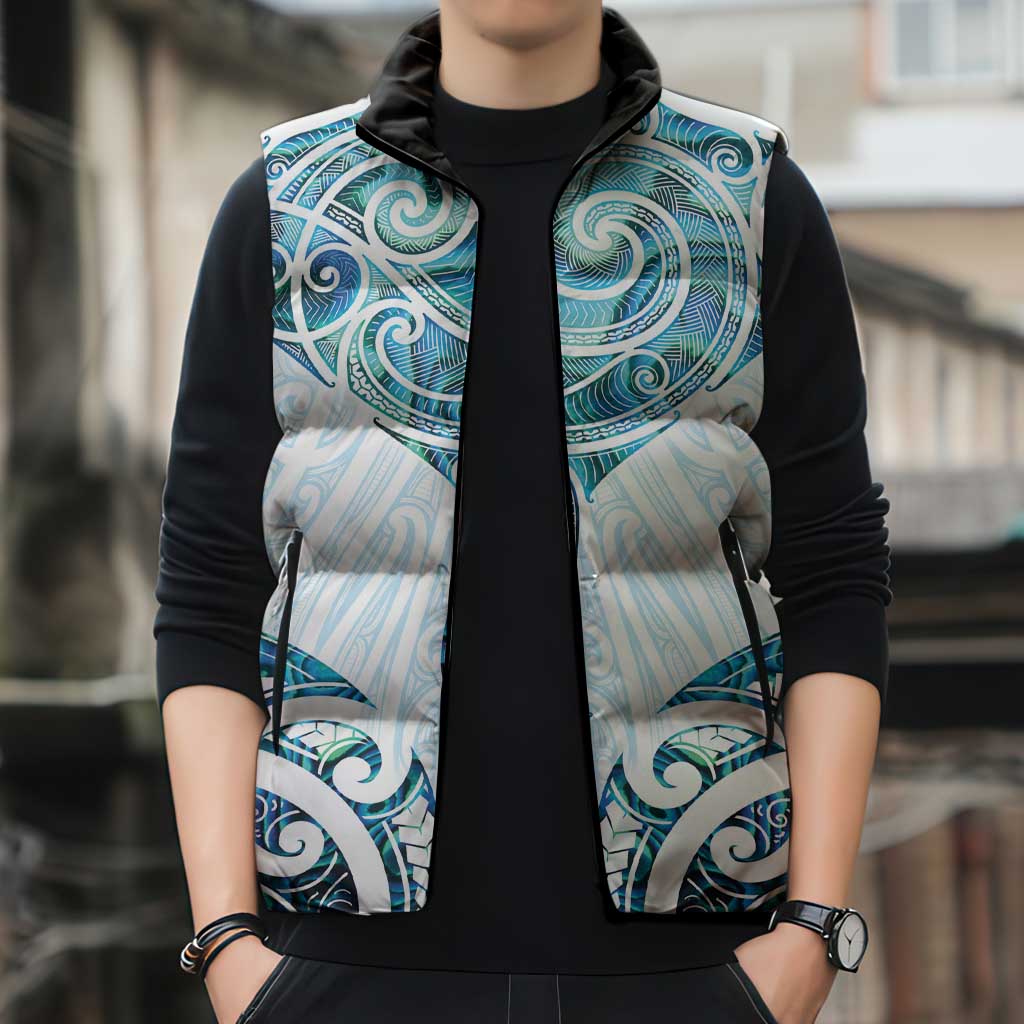 New Zealand Manta Ray Tattoo Sleeveless Puffer Jacket Aotearoa Maori Haehae Paua Shell - Aussie Hoodie