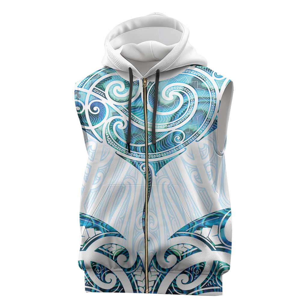 New Zealand Manta Ray Tattoo Sleeveless Zip Hoodie Aotearoa Maori Haehae Paua Shell - Aussie Hoodie