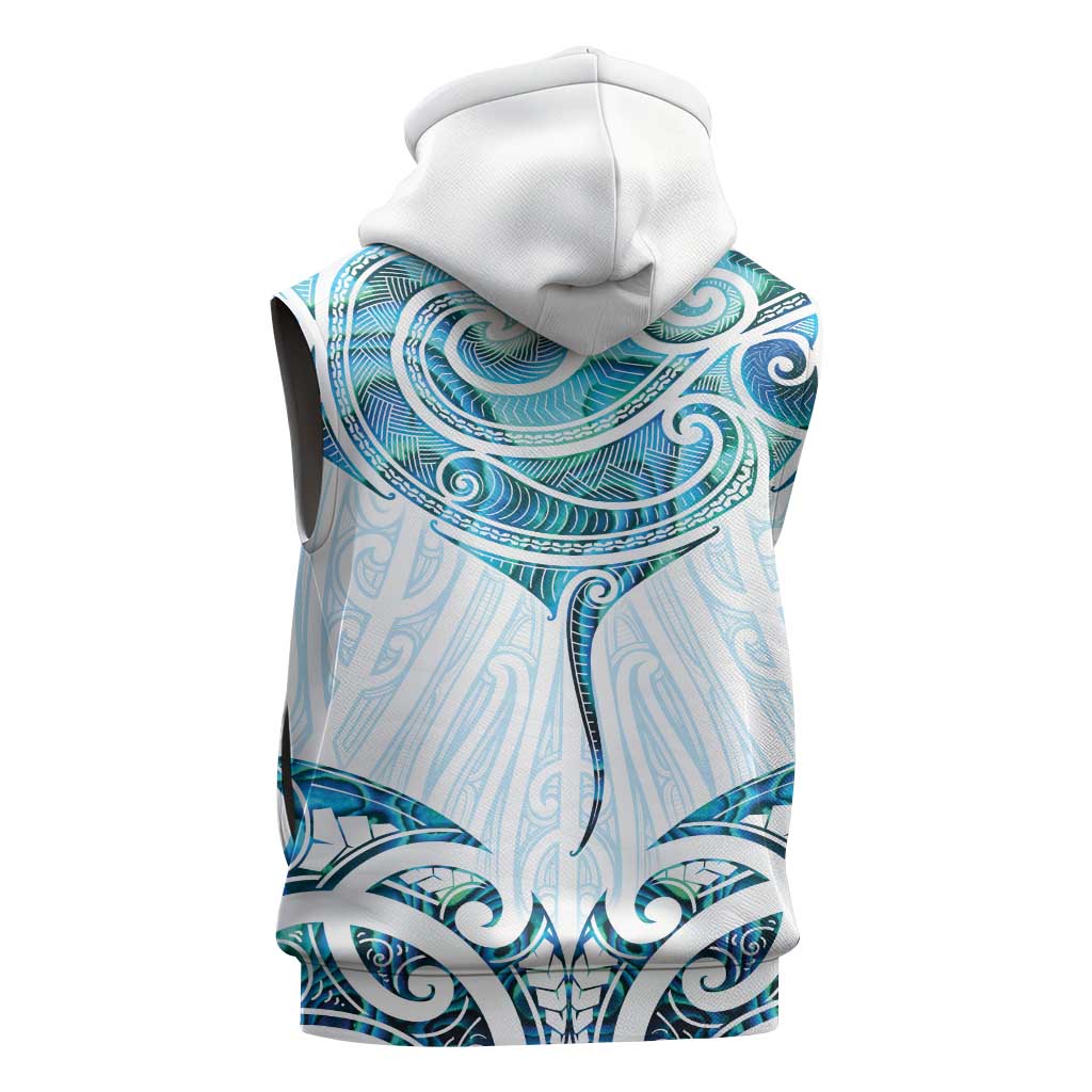 New Zealand Manta Ray Tattoo Sleeveless Zip Hoodie Aotearoa Maori Haehae Paua Shell LT14