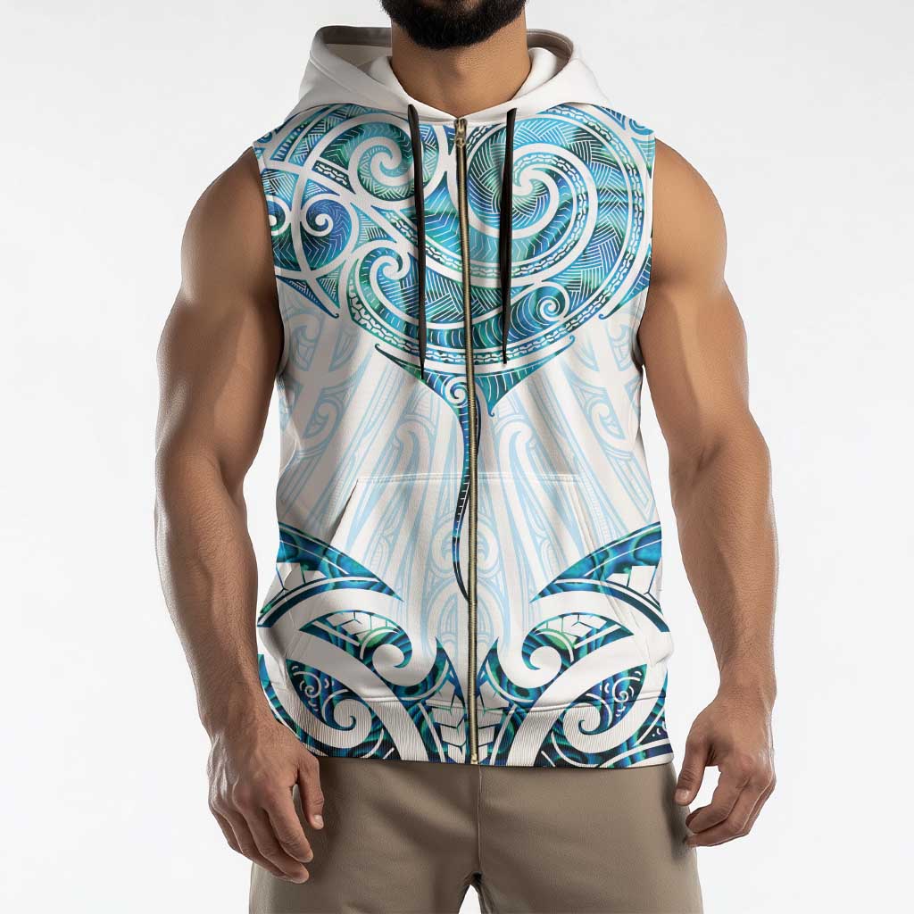 New Zealand Manta Ray Tattoo Sleeveless Zip Hoodie Aotearoa Maori Haehae Paua Shell - Aussie Hoodie