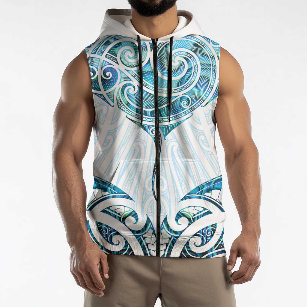 New Zealand Manta Ray Tattoo Sleeveless Zip Hoodie Aotearoa Maori Haehae Paua Shell LT14