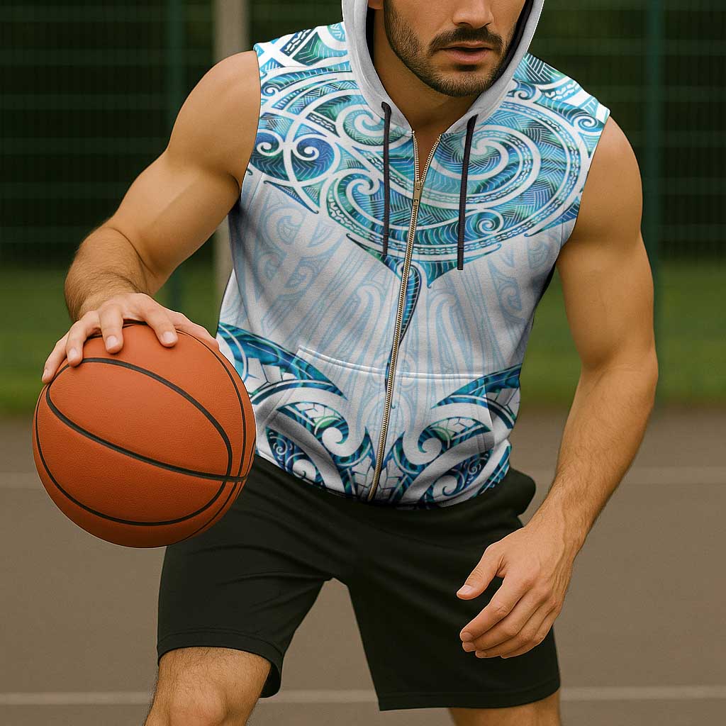 New Zealand Manta Ray Tattoo Sleeveless Zip Hoodie Aotearoa Maori Haehae Paua Shell - Aussie Hoodie