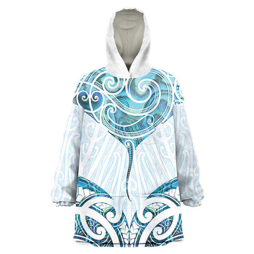 New Zealand Manta Ray Tattoo Wearable Blanket Hoodie Aotearoa Maori Haehae Paua Shell - Aussie Hoodie
