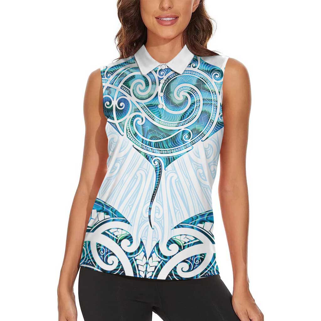 New Zealand Manta Ray Tattoo Women Sleeveless Polo Shirt Aotearoa Maori Haehae Paua Shell - Aussie Hoodie