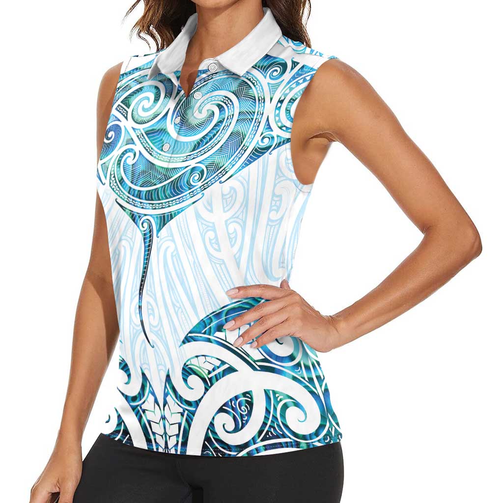 New Zealand Manta Ray Tattoo Women Sleeveless Polo Shirt Aotearoa Maori Haehae Paua Shell - Aussie Hoodie