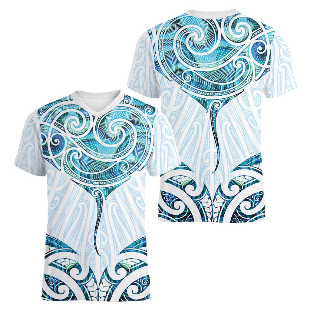 New Zealand Manta Ray Tattoo Women V-Neck T-Shirt Aotearoa Maori Haehae Paua Shell - Aussie Hoodie