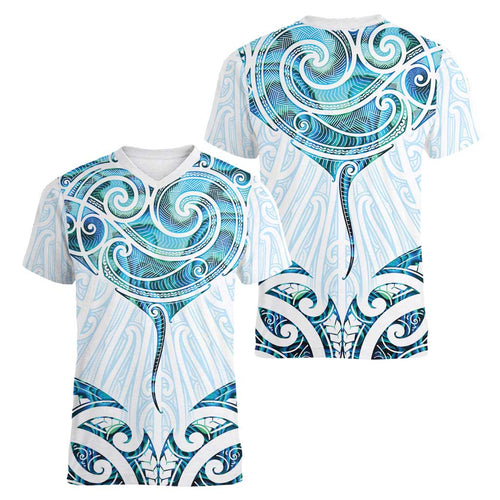 New Zealand Manta Ray Tattoo Women V-Neck T-Shirt Aotearoa Maori Haehae Paua Shell - Aussie Hoodie