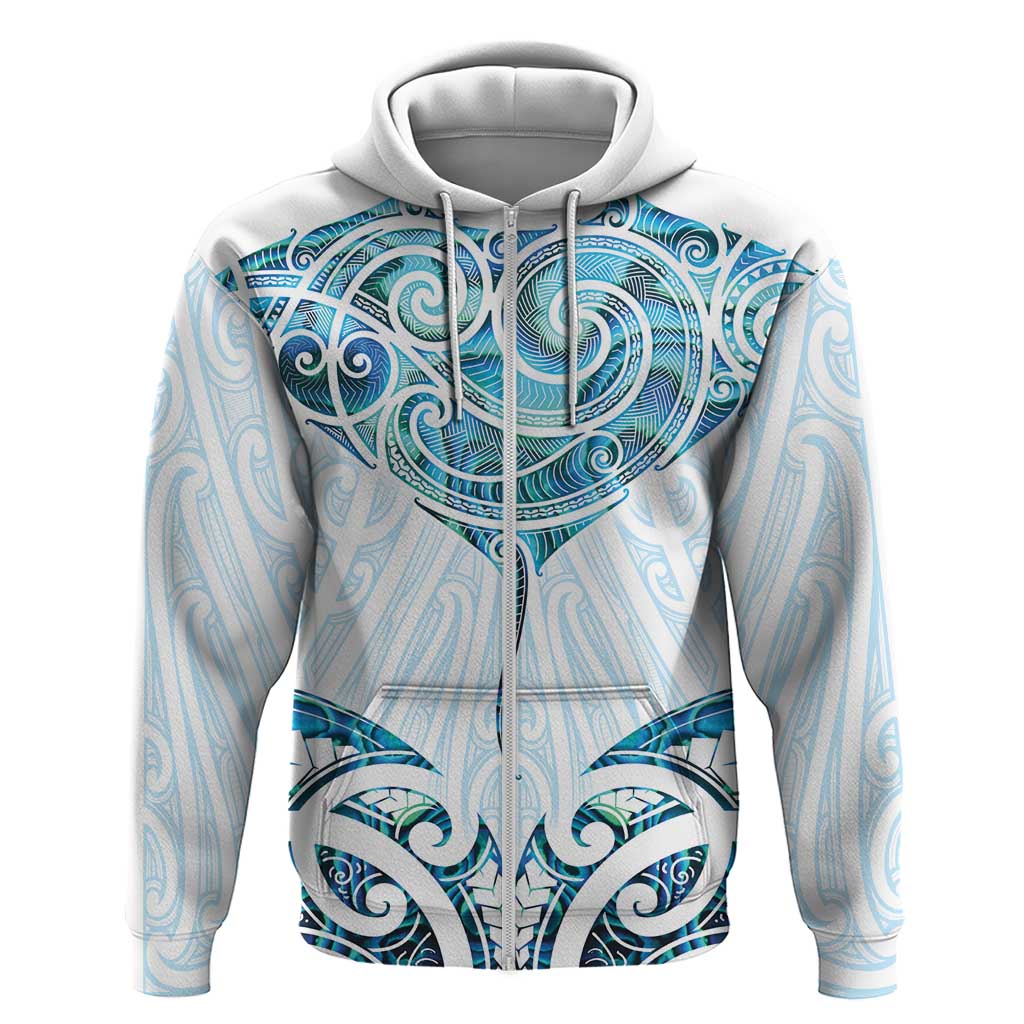 New Zealand Manta Ray Tattoo Zip Hoodie Aotearoa Maori Haehae Paua Shell - Aussie Hoodie