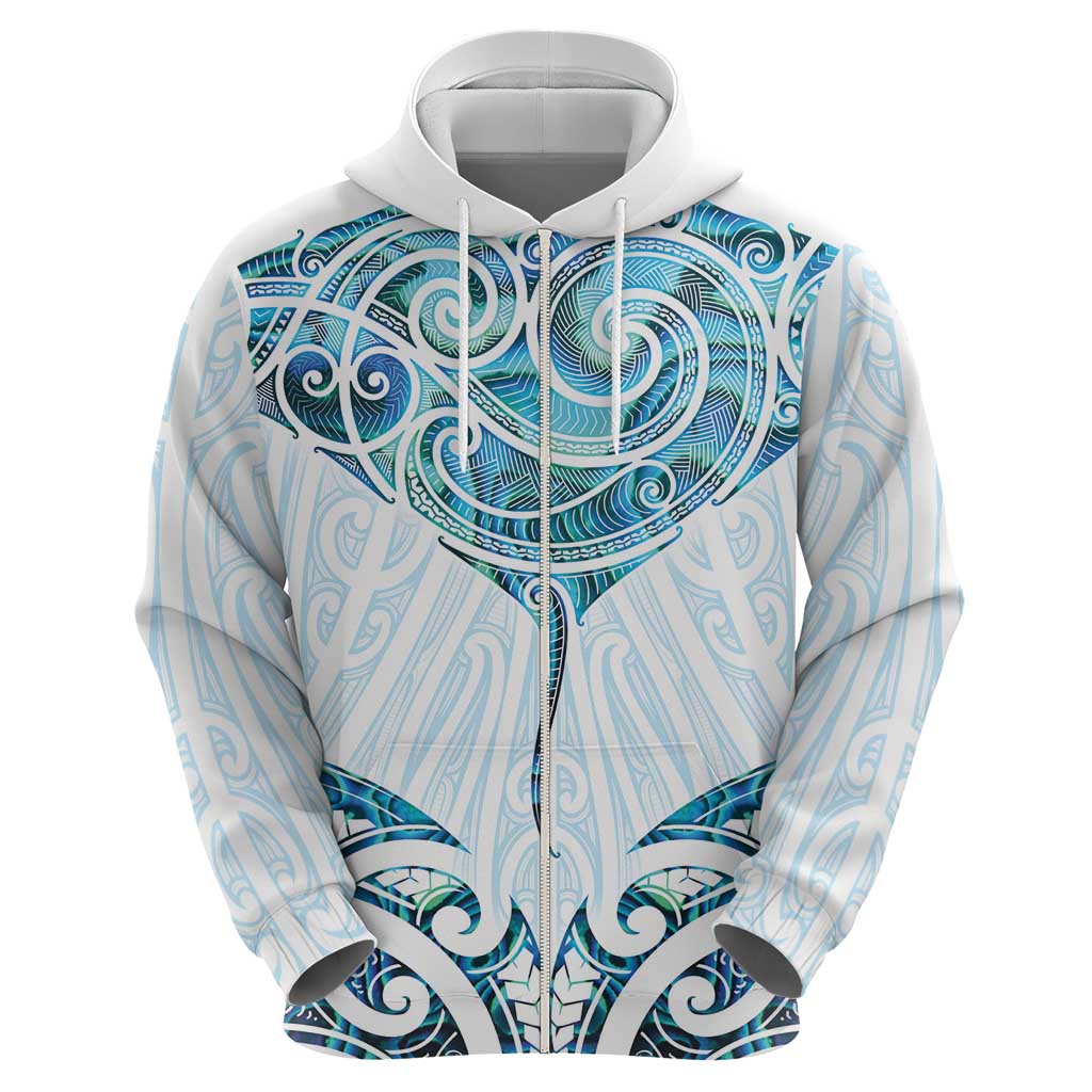 New Zealand Manta Ray Tattoo Zip Hoodie Aotearoa Maori Haehae Paua Shell - Aussie Hoodie