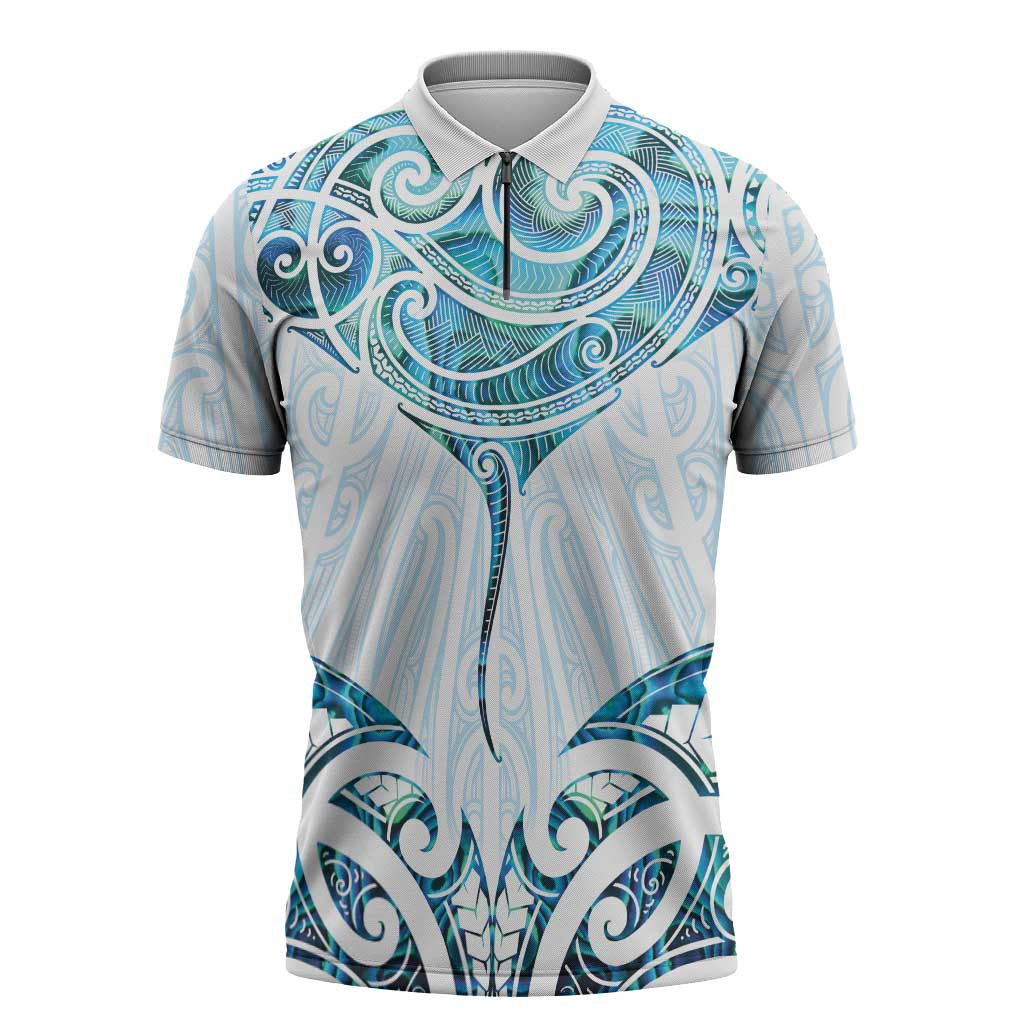 New Zealand Manta Ray Tattoo Zipper Polo Shirt Aotearoa Maori Haehae Paua Shell - Aussie Hoodie