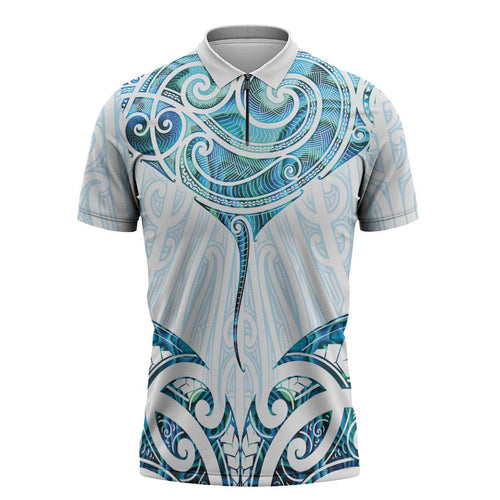 New Zealand Manta Ray Tattoo Zipper Polo Shirt Aotearoa Maori Haehae Paua Shell - Aussie Hoodie