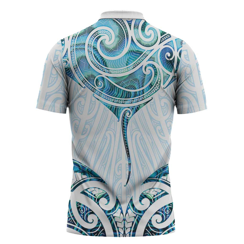 New Zealand Manta Ray Tattoo Zipper Polo Shirt Aotearoa Maori Haehae Paua Shell - Aussie Hoodie