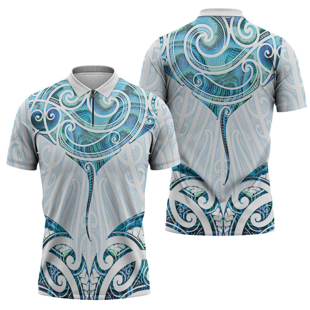 New Zealand Manta Ray Tattoo Zipper Polo Shirt Aotearoa Maori Haehae Paua Shell - Aussie Hoodie