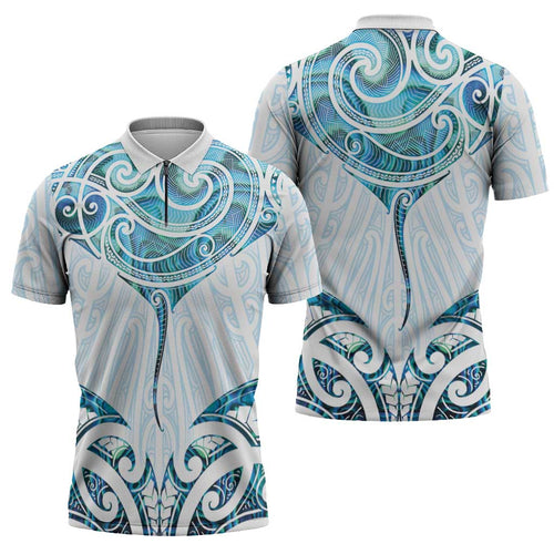 New Zealand Manta Ray Tattoo Zipper Polo Shirt Aotearoa Maori Haehae Paua Shell - Aussie Hoodie