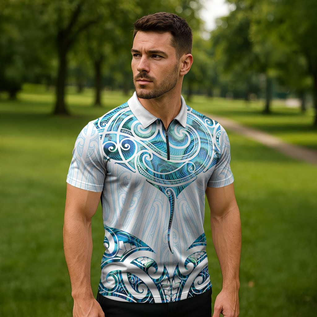 New Zealand Manta Ray Tattoo Zipper Polo Shirt Aotearoa Maori Haehae Paua Shell - Aussie Hoodie