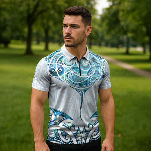 New Zealand Manta Ray Tattoo Zipper Polo Shirt Aotearoa Maori Haehae Paua Shell - Aussie Hoodie