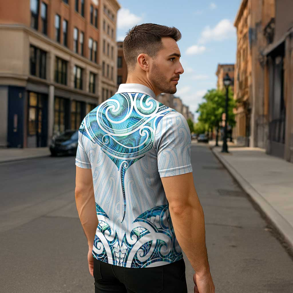 New Zealand Manta Ray Tattoo Zipper Polo Shirt Aotearoa Maori Haehae Paua Shell - Aussie Hoodie