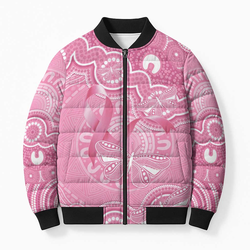 Australia Indigenous Bomber Puffer Jacket Pink Ribbon Breast Cancer Butterfly Aboriginal - Aussie Hoodie
