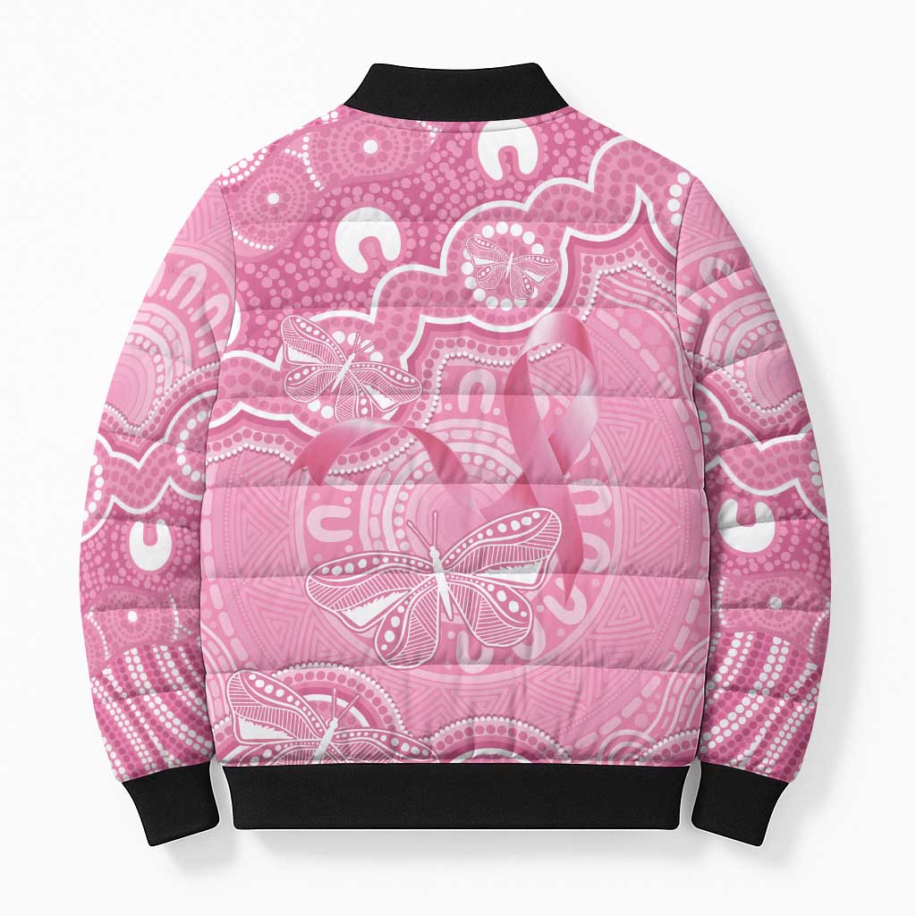Australia Indigenous Bomber Puffer Jacket Pink Ribbon Breast Cancer Butterfly Aboriginal - Aussie Hoodie
