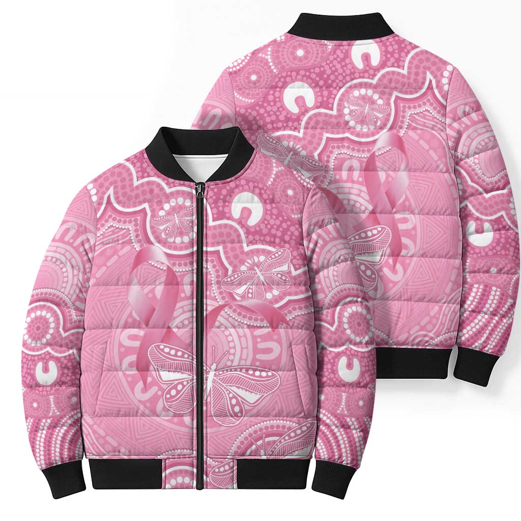 Australia Indigenous Bomber Puffer Jacket Pink Ribbon Breast Cancer Butterfly Aboriginal - Aussie Hoodie