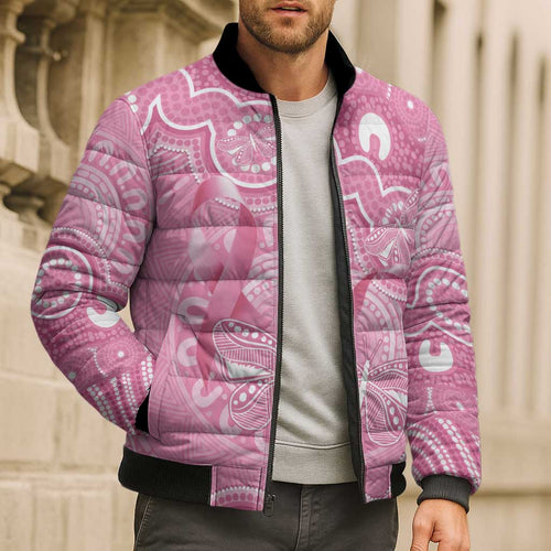 Australia Indigenous Bomber Puffer Jacket Pink Ribbon Breast Cancer Butterfly Aboriginal - Aussie Hoodie