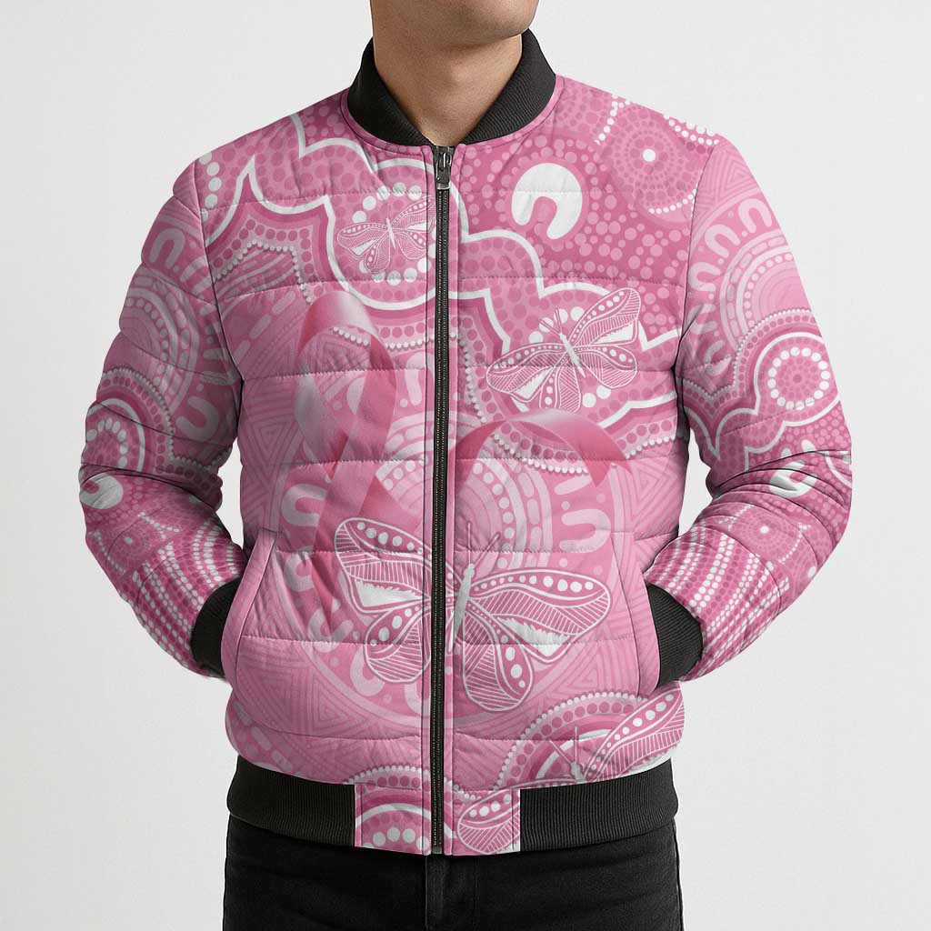 Australia Indigenous Bomber Puffer Jacket Pink Ribbon Breast Cancer Butterfly Aboriginal - Aussie Hoodie