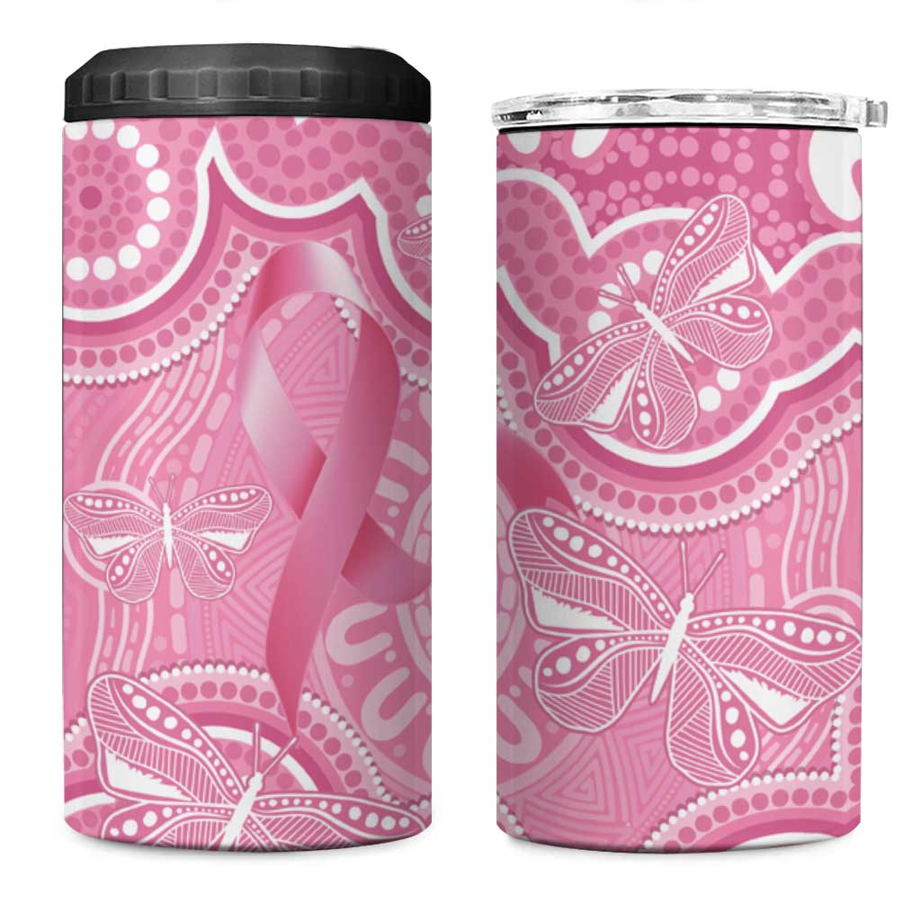 Australia Indigenous 4 in 1 Can Cooler Tumbler Pink Ribbon Breast Cancer Butterfly Aboriginal - Aussie Hoodie