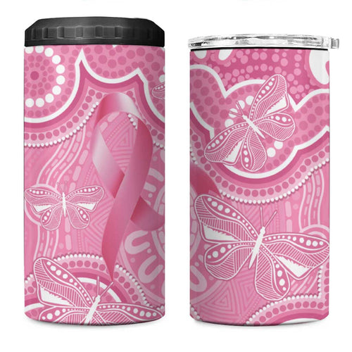 Australia Indigenous 4 in 1 Can Cooler Tumbler Pink Ribbon Breast Cancer Butterfly Aboriginal - Aussie Hoodie
