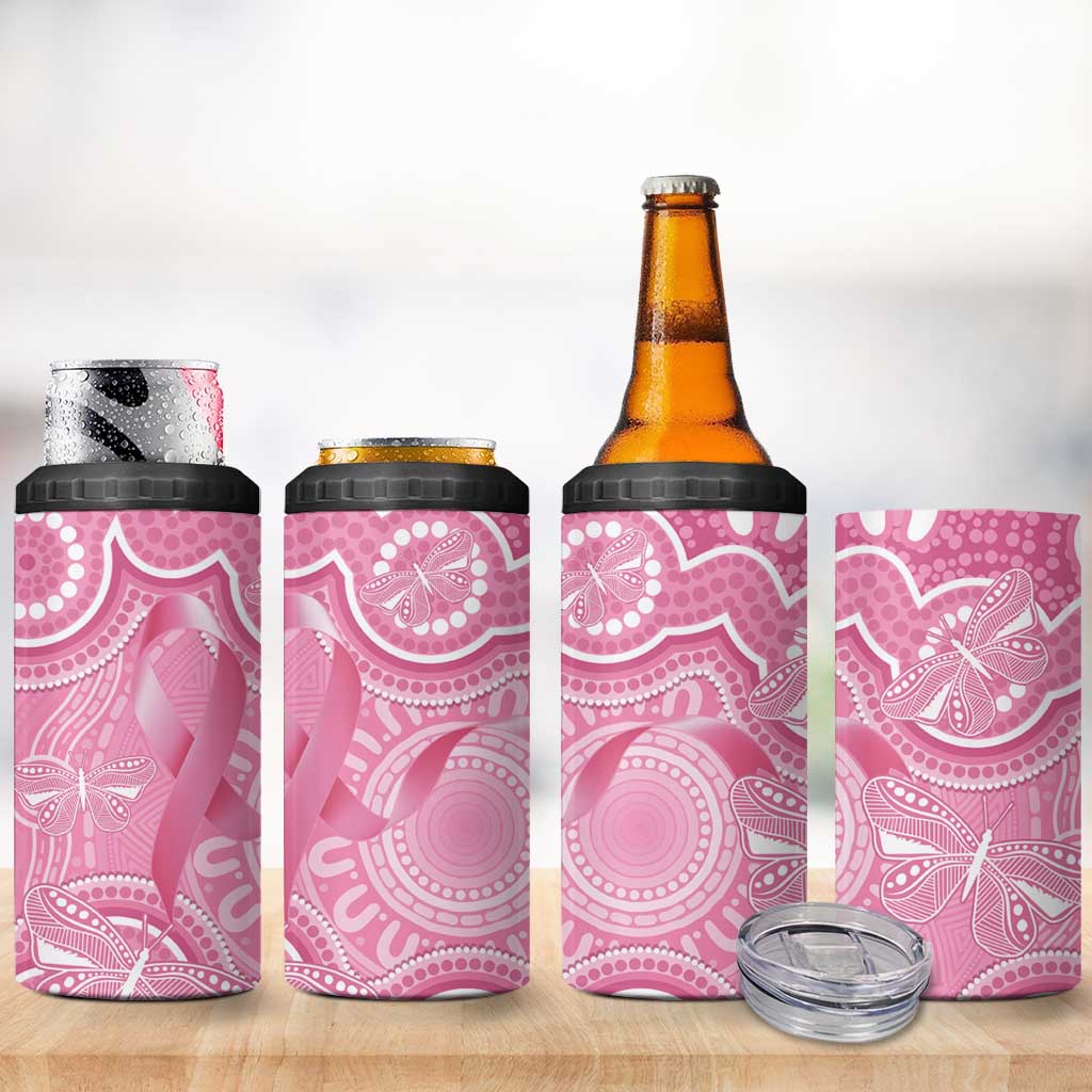 Australia Indigenous 4 in 1 Can Cooler Tumbler Pink Ribbon Breast Cancer Butterfly Aboriginal - Aussie Hoodie