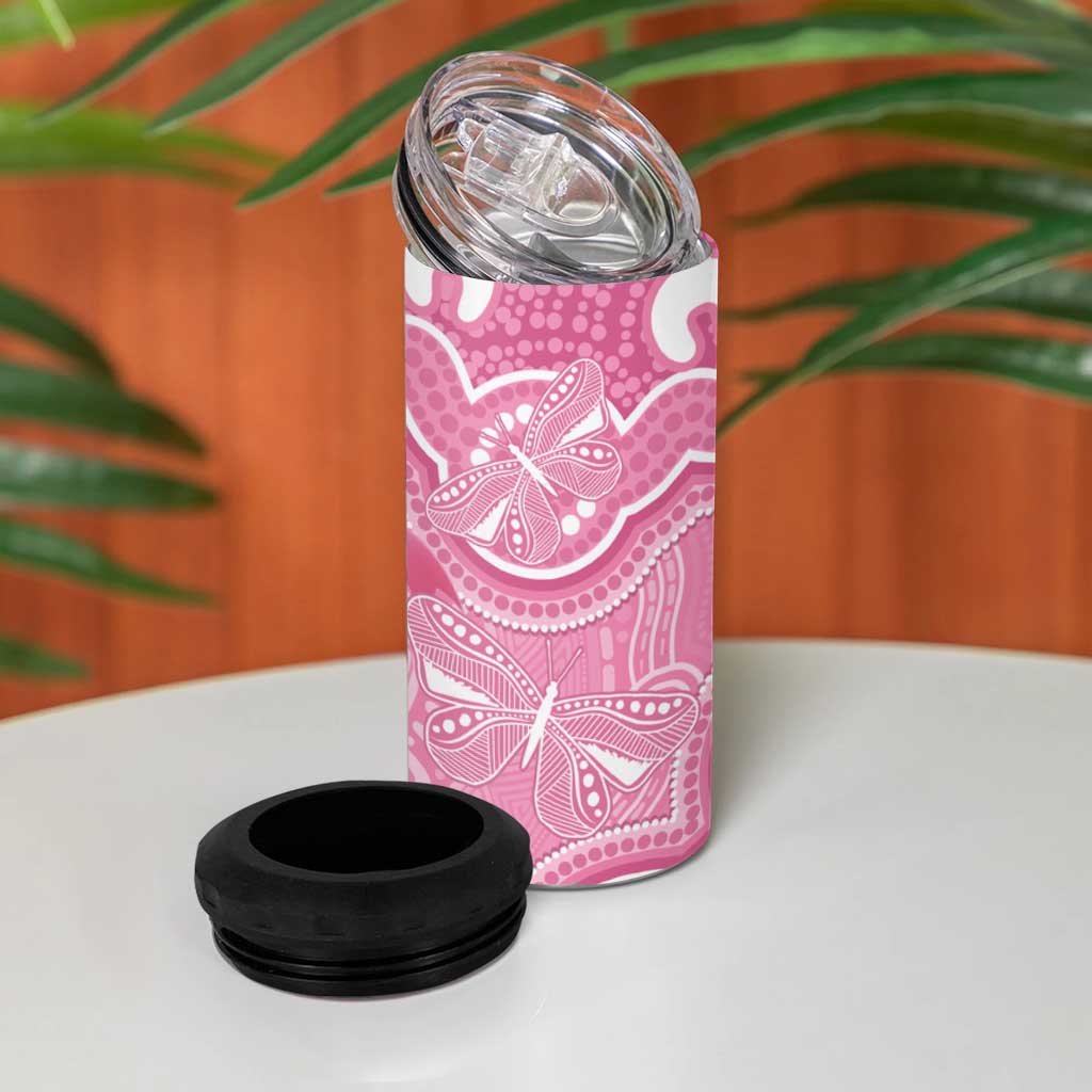 Australia Indigenous 4 in 1 Can Cooler Tumbler Pink Ribbon Breast Cancer Butterfly Aboriginal - Aussie Hoodie
