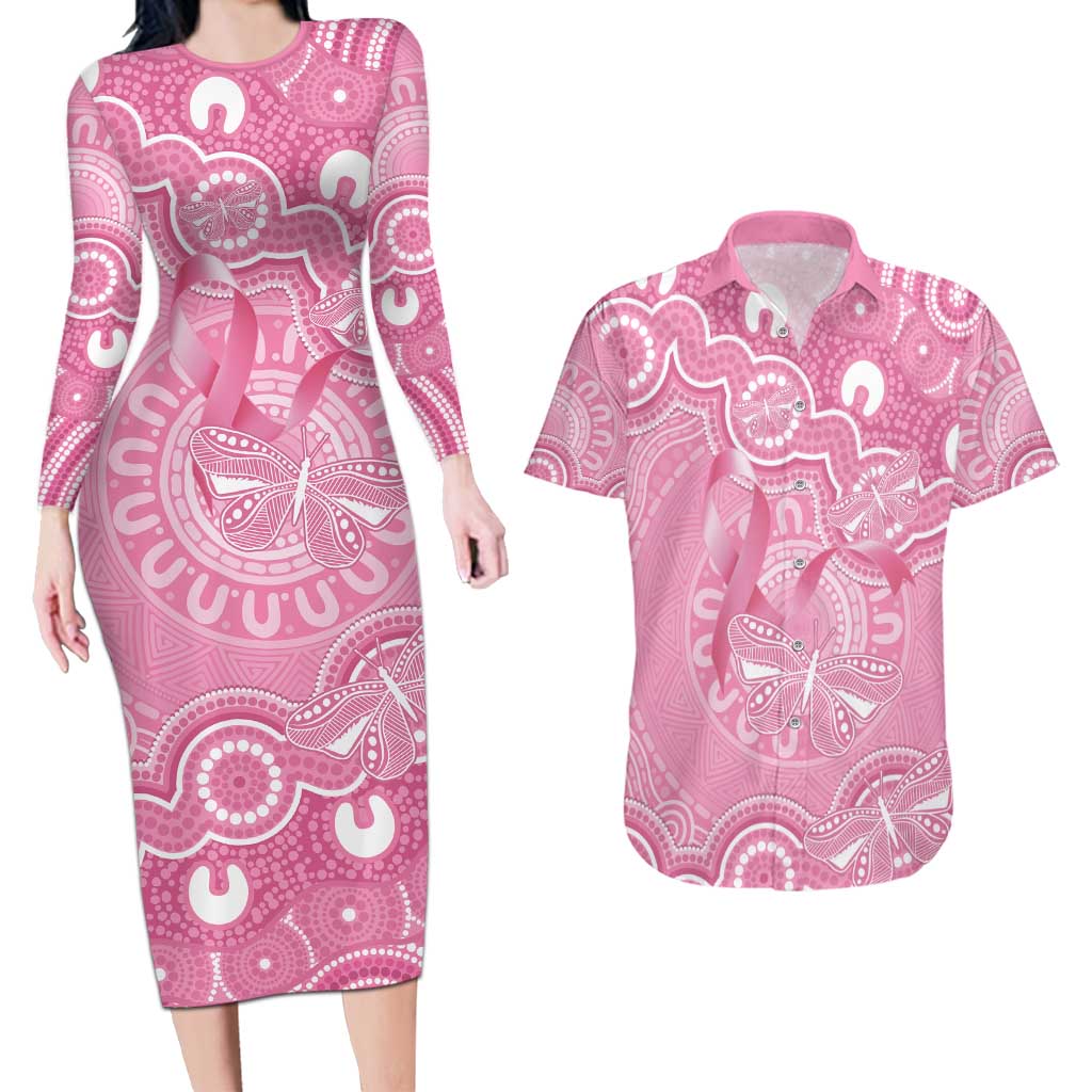 Australia Indigenous Couples Matching Long Sleeve Bodycon Dress and Hawaiian Shirt Pink Ribbon Breast Cancer Butterfly Aboriginal - Aussie Hoodie
