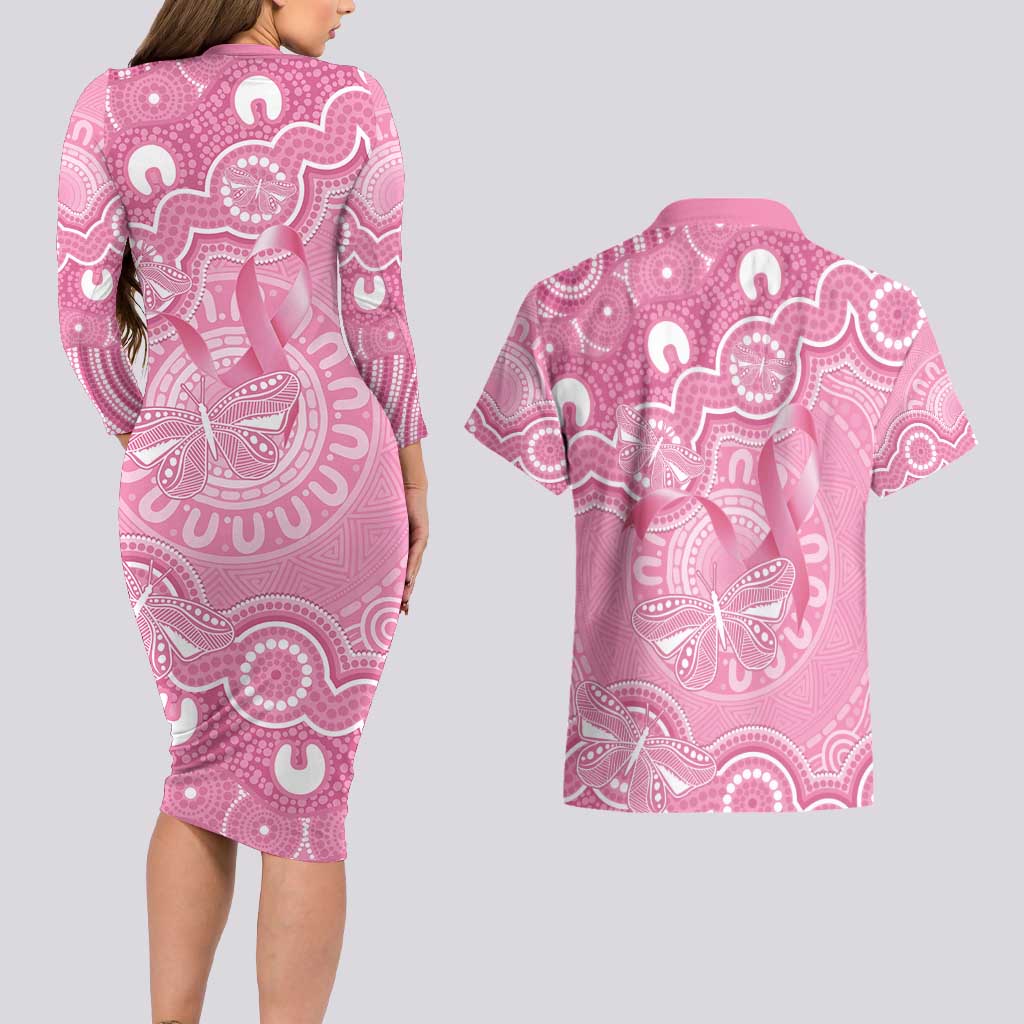 Australia Indigenous Couples Matching Long Sleeve Bodycon Dress and Hawaiian Shirt Pink Ribbon Breast Cancer Butterfly Aboriginal - Aussie Hoodie