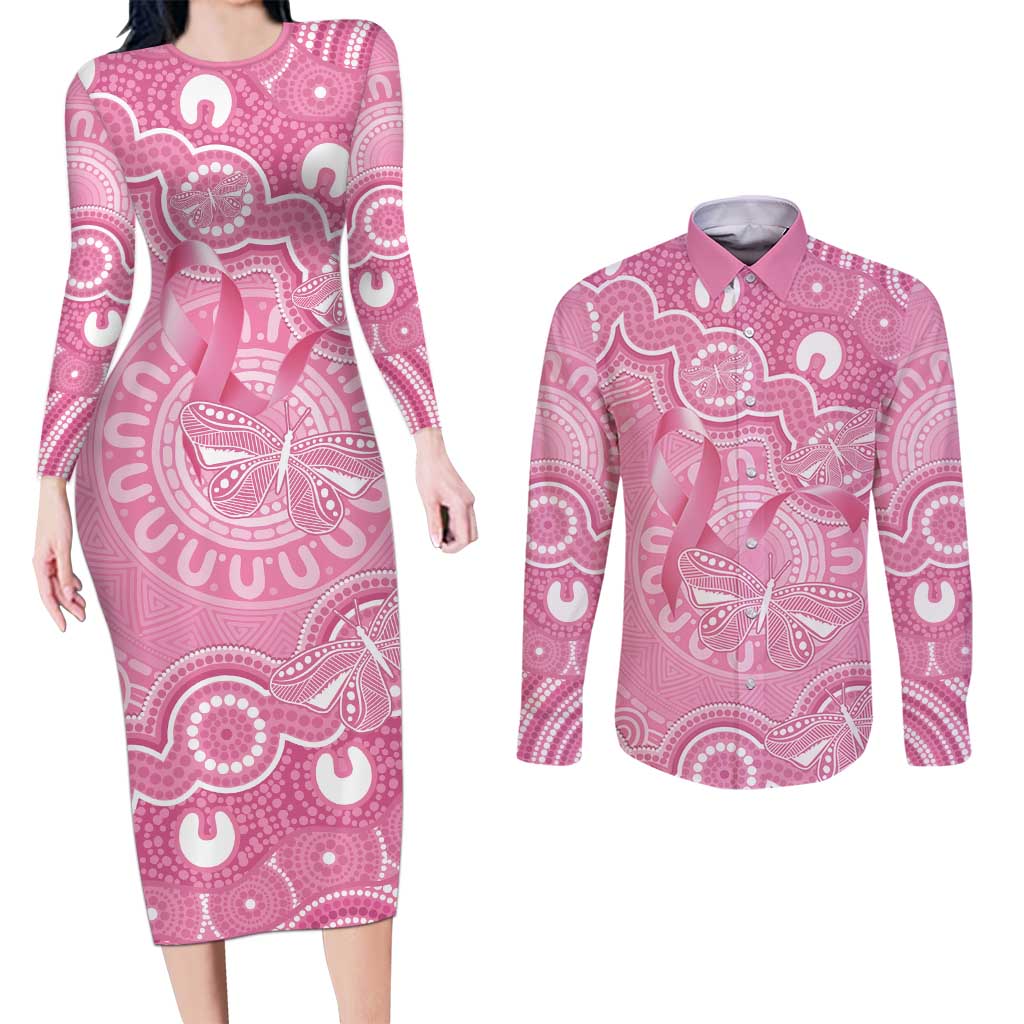 Australia Indigenous Couples Matching Long Sleeve Bodycon Dress and Long Sleeve Button Shirt Pink Ribbon Breast Cancer Butterfly Aboriginal - Aussie Hoodie